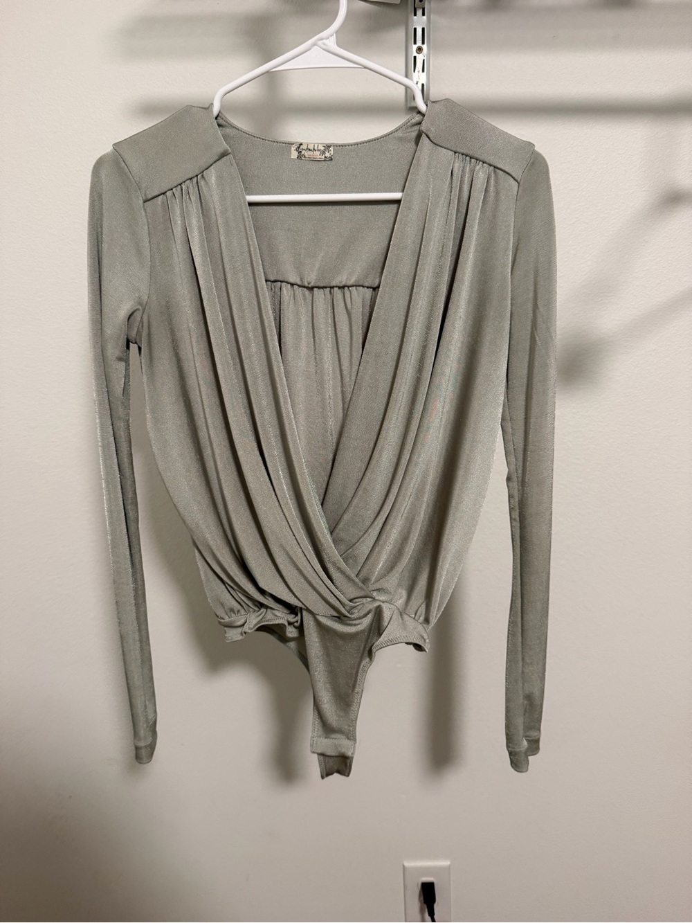 Draped V-Neck Long-Sleeve Bodysuit in gray